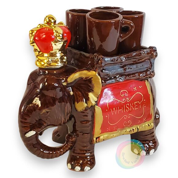 Vintage West Pac Japan Elephant Whiskey Decanter Set 4 Shot Glasses Mid Century - Picture 1 of 16